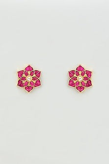 Gold Finish Kundan Polki & Red Stones Floral Stud Earrings