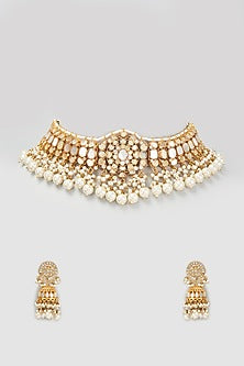 Gold Finish White Kundan Polki Necklace Set