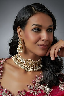 Gold Finish White Kundan Polki Necklace Set