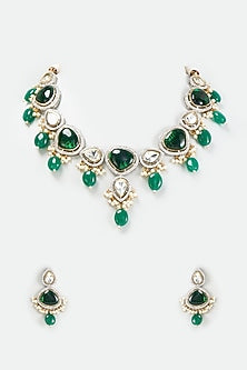 White Finish Green Kundan Polki Necklace Set