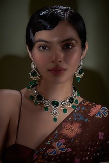 White Finish Green Kundan Polki Necklace Set