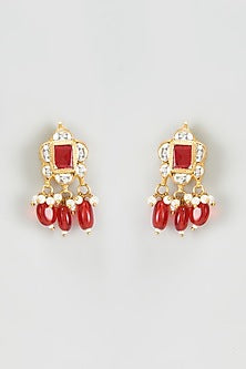 Gold Finish Kundan Polki Stud Earrings With Maang Tikka
