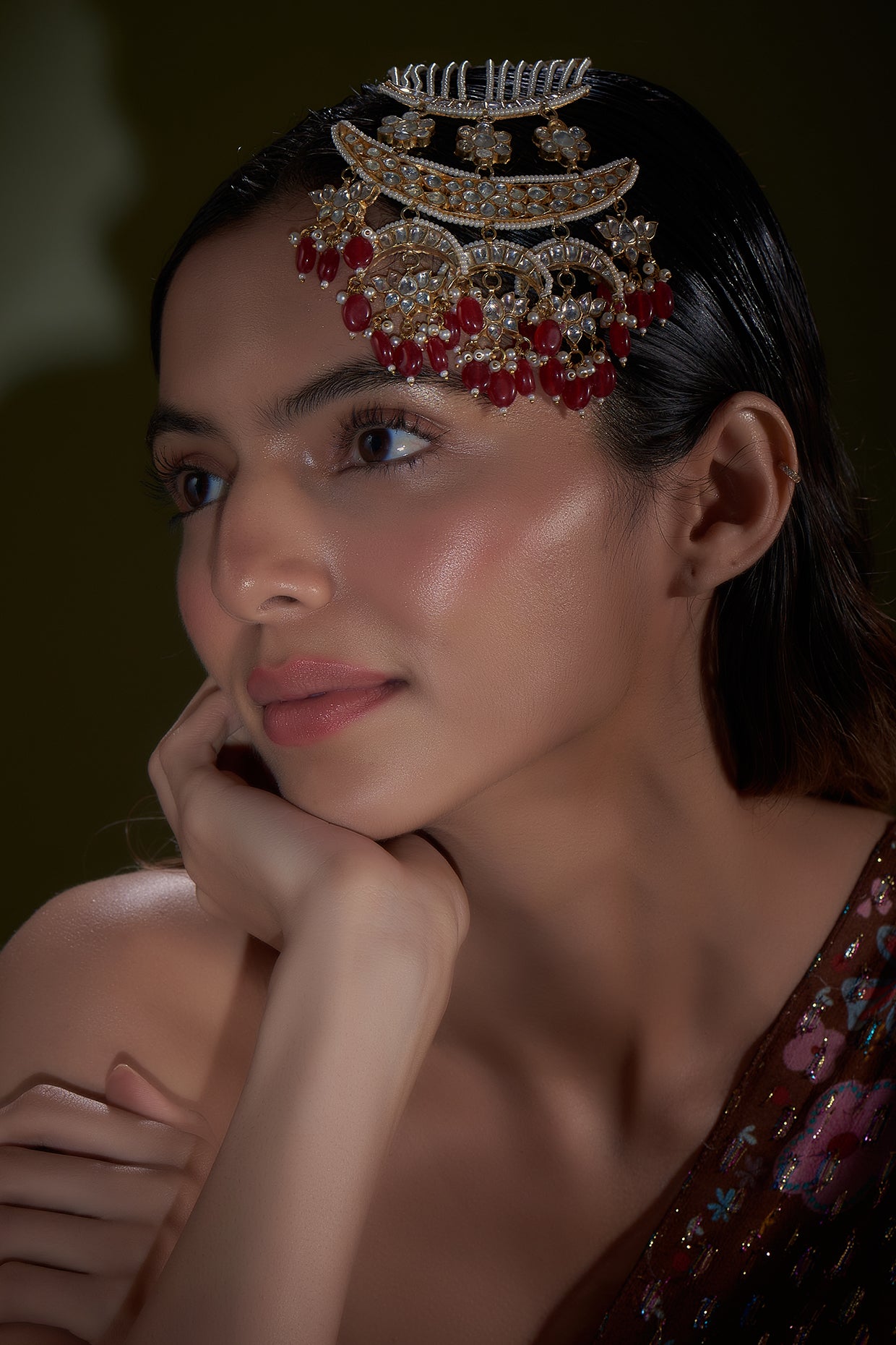 Gold Finish Kundan Polki & Red Beads Passa