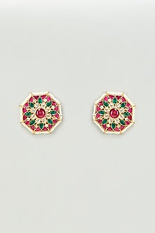 Gold Finish Multi-Colored Stones & Kundan Polki Stud Earrings