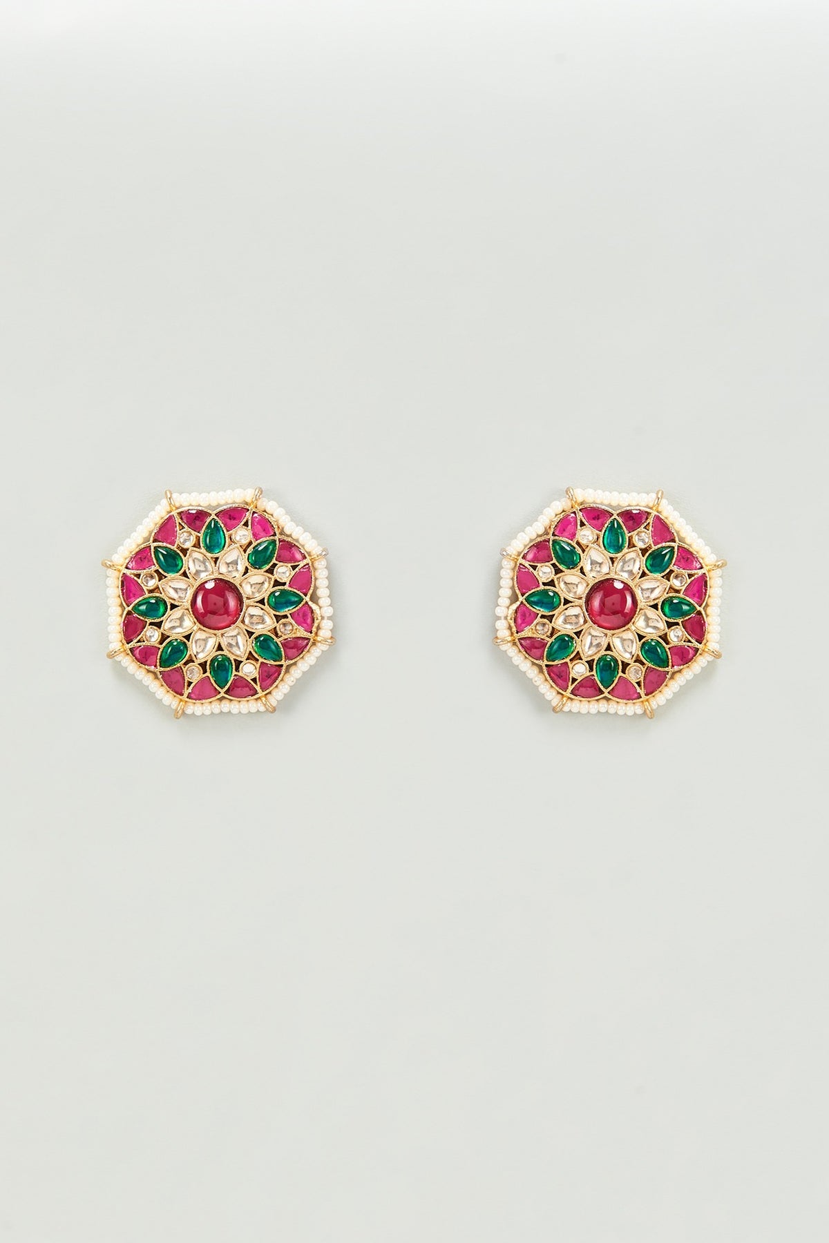 Gold Finish Multi-Colored Stones & Kundan Polki Stud Earrings
