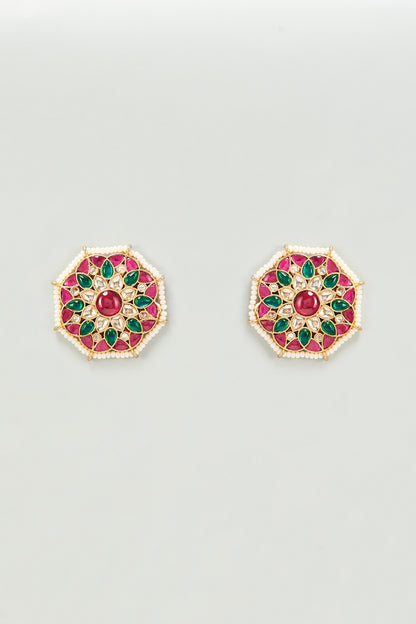 Gold Finish Multi-Colored Stones & Kundan Polki Stud Earrings