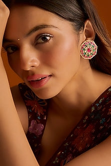 Gold Finish Multi-Colored Stones & Kundan Polki Stud Earrings