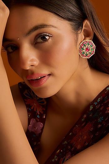 Gold Finish Multi-Colored Stones & Kundan Polki Stud Earrings