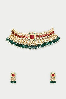 Gold Finish Red Stones & Kundan Polki Choker Necklace Set
