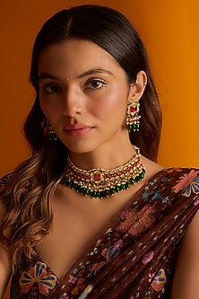 Gold Finish Red Stones & Kundan Polki Choker Necklace Set