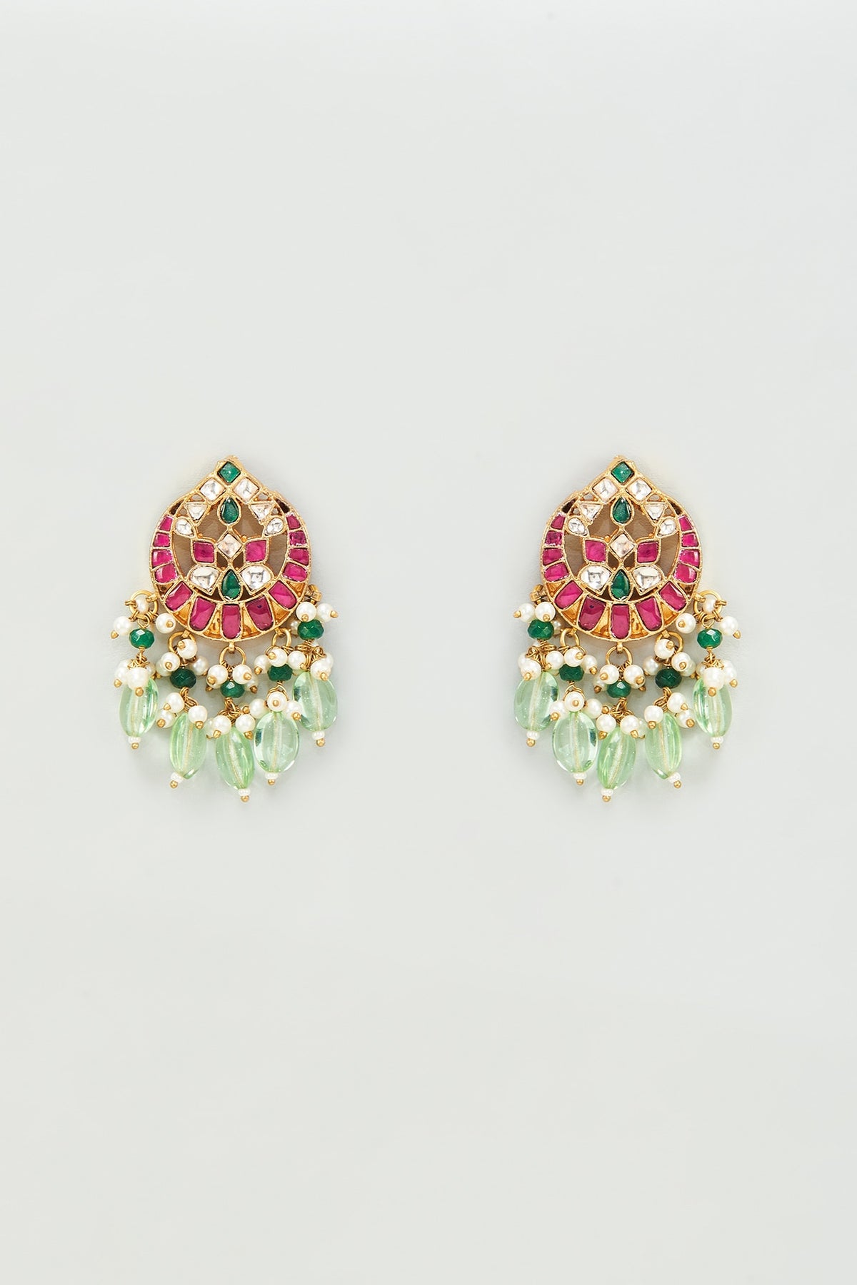 Gold Finish Red Stones & Kundan Polki Dangler Earrings