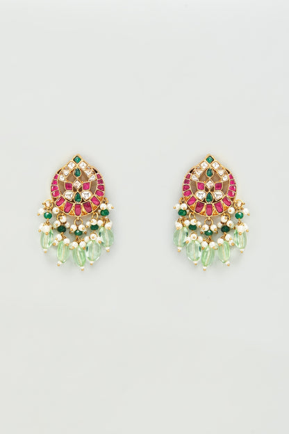 Gold Finish Red Stones & Kundan Polki Dangler Earrings