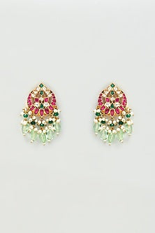 Gold Finish Red Stones & Kundan Polki Dangler Earrings