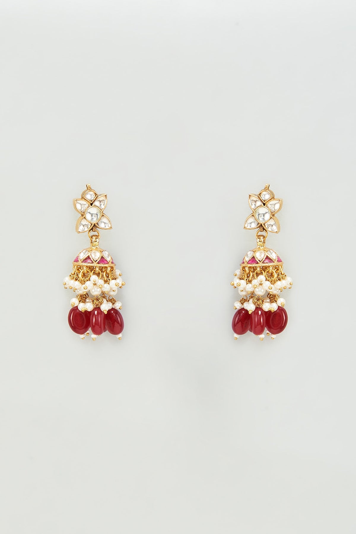 Gold Finish Kundan Polki & Red Stones Dangler Earrings