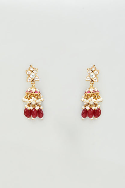 Gold Finish Kundan Polki & Red Stones Dangler Earrings