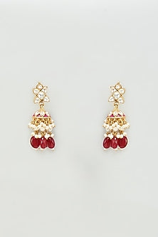 Gold Finish Kundan Polki & Red Stones Dangler Earrings