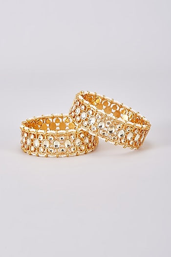 Gold Finish White Kundan Polki Bangles (Set Of 2)