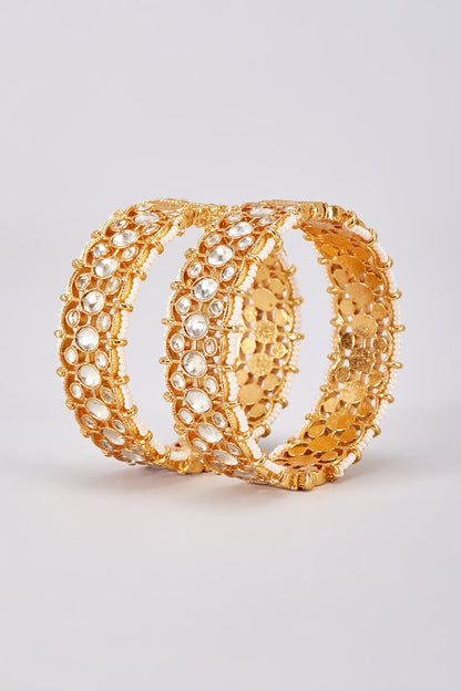 Gold Finish White Kundan Polki Bangles (Set Of 2)
