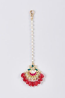 Gold Finish Red Kundan Polki Maangtikka