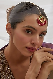 Gold Finish Red Kundan Polki Maangtikka