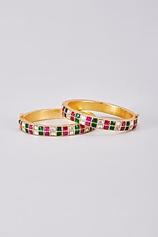 Gold Finish Multi-colored Kundan Polki Bangles (Set Of 2)