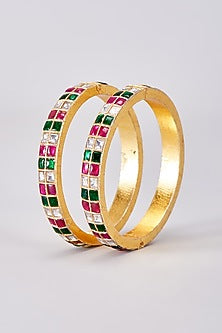 Gold Finish Multi-colored Kundan Polki Bangles (Set Of 2)