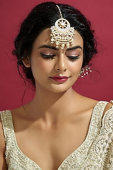 Gold Finish Kundan Polki & Pearl Maangtikka