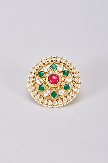 Gold Finish Green Kundan Polki Ring