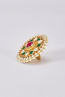 Gold Finish Green Kundan Polki Ring