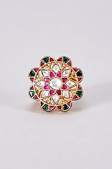 Gold Finish Red Kundan Polki Ring