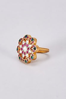 Gold Finish Red Kundan Polki Ring