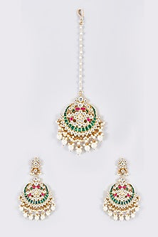 Gold Finish Green Kundan Polki Chandbali Earrings With Maang Tikka