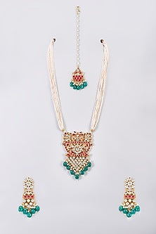 Gold Finish Kundan Polki Long Pendant Necklace Set