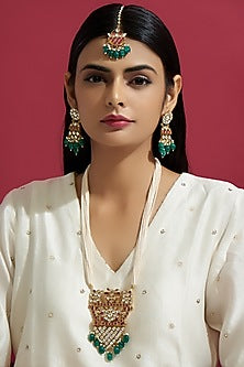 Gold Finish Kundan Polki Long Pendant Necklace Set