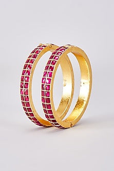 Gold Finish Red Kundan Polki Bangles (Set Of 2)