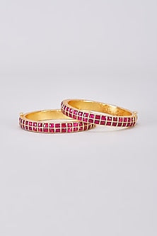 Gold Finish Red Kundan Polki Bangles (Set Of 2)
