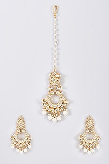 Gold Finish Kundan Polki Chandbali Earrings With Maang Tikka