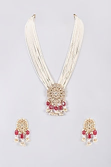Gold Finish Kundan Polki Long Pendant Necklace Set