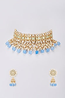 Gold Finish Blue Kundan Polki Choker Necklace Set