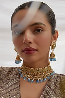 Gold Finish Blue Kundan Polki Choker Necklace Set
