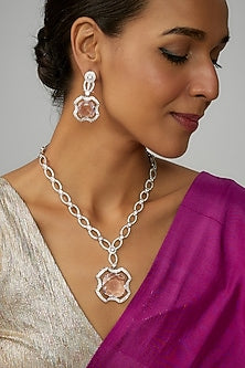 White Finish Pink Stone & Zircon Long Necklace Set