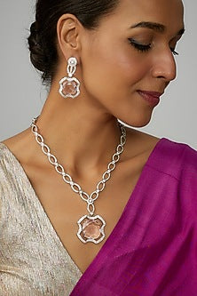 White Finish Pink Stone & Zircon Long Necklace Set