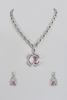 White Finish Pink Stone & Zircon Long Necklace Set