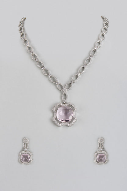 White Finish Pink Stone & Zircon Long Necklace Set