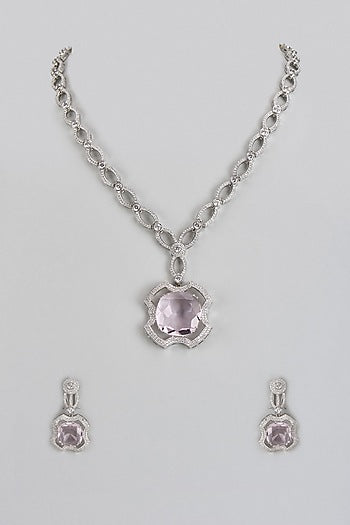 White Finish Pink Stone & Zircon Long Necklace Set
