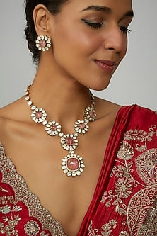 Two Tone Finish Pink Stone & Kundan Polki Long Necklace Set