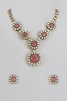 Two Tone Finish Pink Stone & Kundan Polki Long Necklace Set
