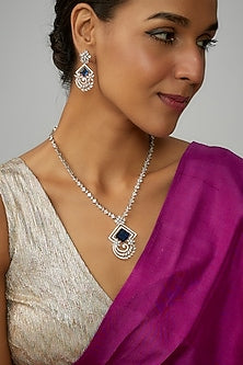 White Finish Blue Stone & Zircon Long Necklace Set