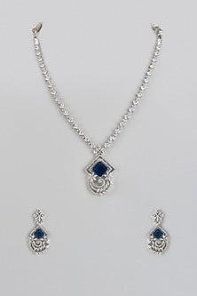 White Finish Blue Stone & Zircon Long Necklace Set