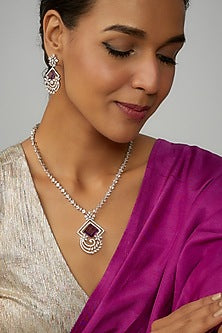 White Finish Purple Stone & Zircon Long Necklace Set